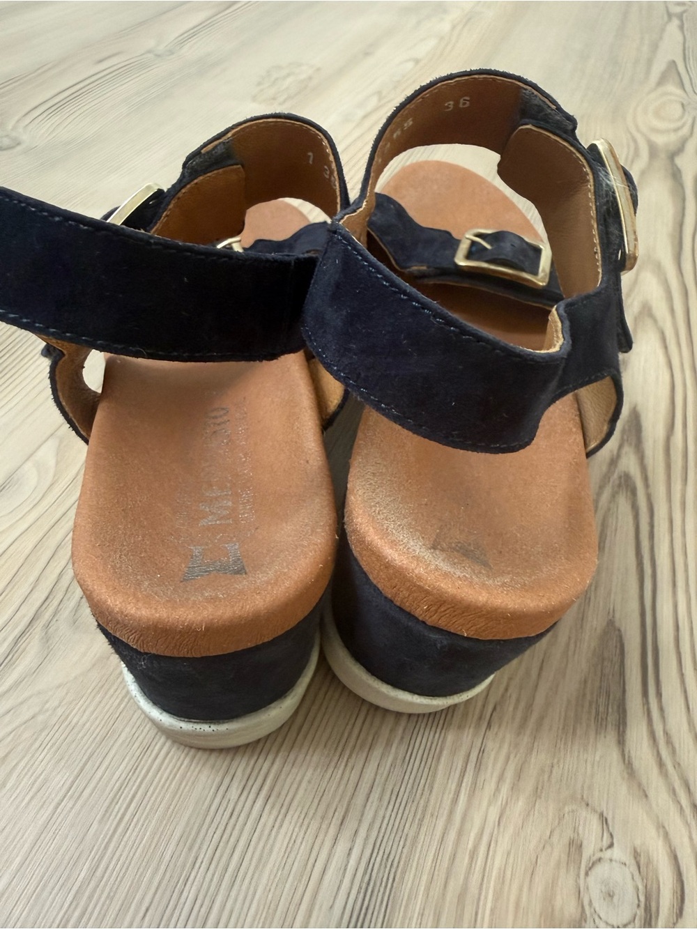 Mephisto Navy Cork Wedge Sandal with Gold Buckles - Picture 5 of 6